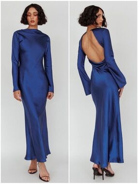 HERE COMES the SUN by SELFIE LESLIE Women Size S Blue Satin Open Back Maxi Dress